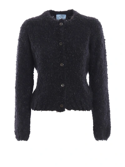 Prada Boucle Cashmere Blend Crop Cardigan In Black