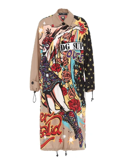 Dolce & Gabbana Nylon Trench Coat With Super Heroine Print In Multicolour