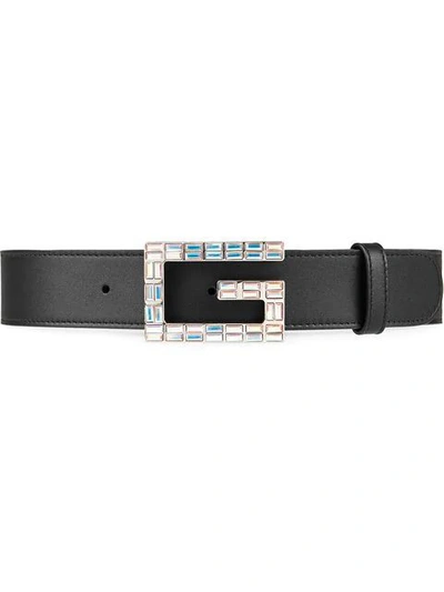 Gucci Madelyn Leather Belt W/ Square Crystal Trim G Buckle In Black