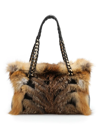 Roberto Cavalli Fox Fur Bowler Bag In Brown