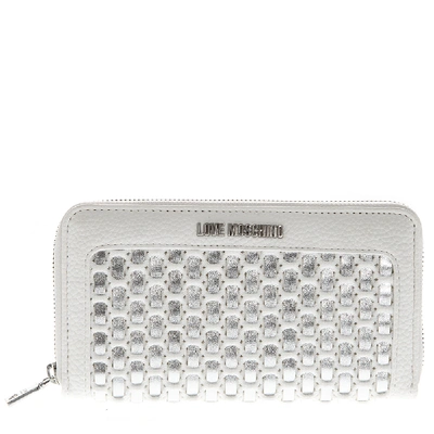 Moschino Zip Around Wallet In White And Silver Eco Leather