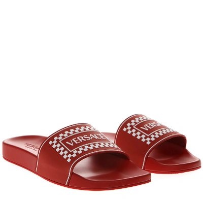 Versace Red Leather Slides With  Logo