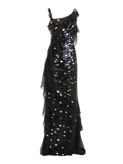 Roberto Cavalli Gold-tone Scale Embellished Flounced Gown In Black