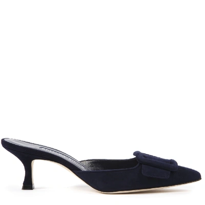 Manolo Blahnik Maysale Navy Suede Mules In Black
