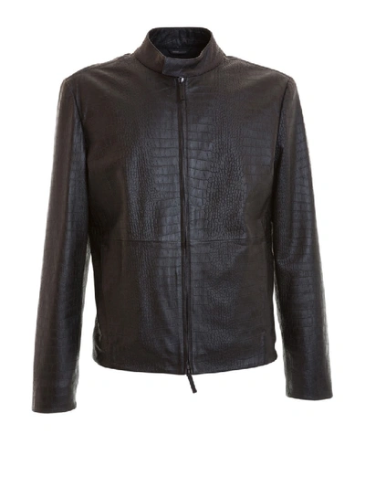 Armani Collezioni Leather Jacket Croco Print In Black | ModeSens