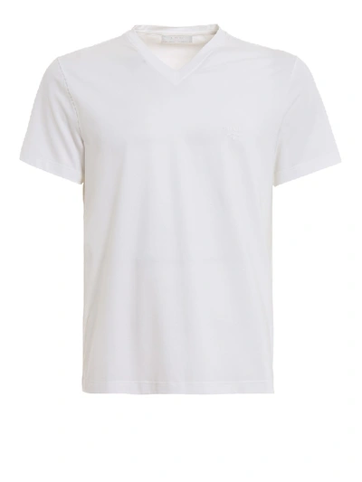 Prada Logo Embroidery White Stretch V Neck T-shirt