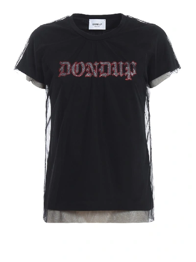 Dondup Glitter Logo Jersey And Tulle T-shirt In Black