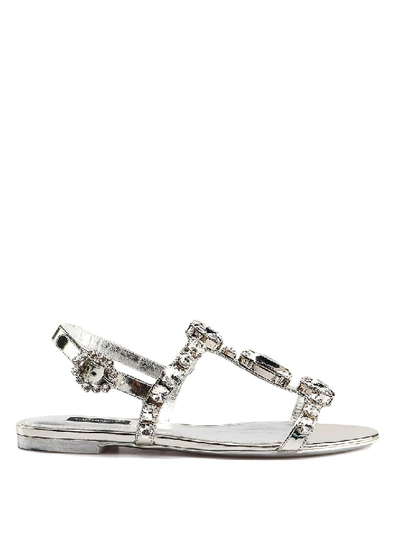 Dolce & Gabbana Leather Metallic Embellished Bianca Sandals In Silver