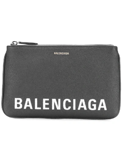 Balenciaga Black Women's Pebbled Texture Logo Pouch In Grey