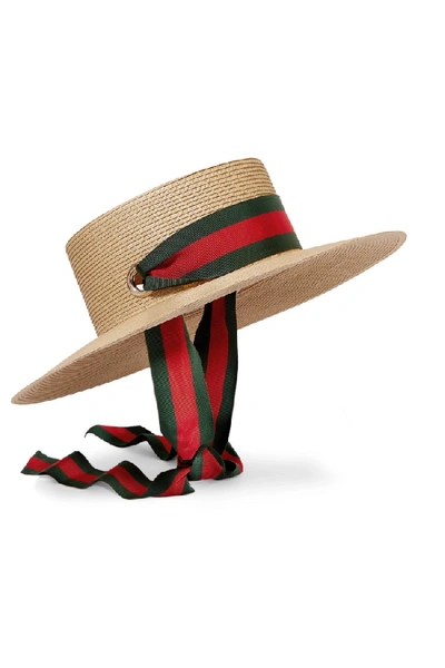 Gucci Grosgrain-trimmed Raffia Hat In Brown