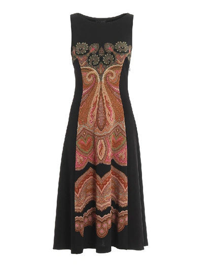 Etro Paisley Panelled Jersey Flared Dress In Black