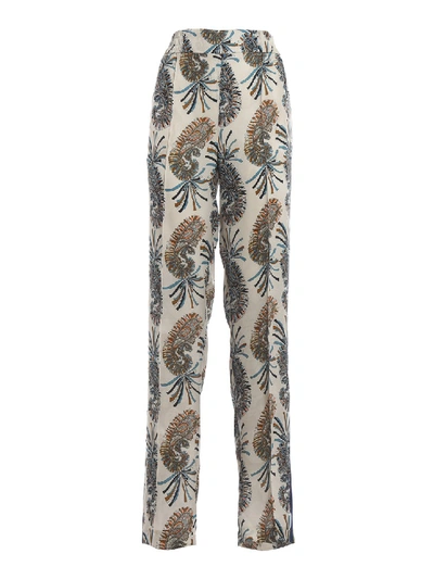 Etro Paisley Pattern White Silk Blend Trousers In Grey