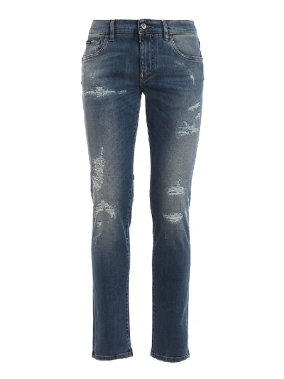 Dolce & Gabbana Distressed Denim Five Pocket Jeans In Grey