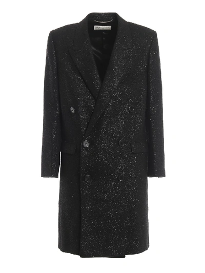 Saint Laurent Spangled Tweed Double-breasted Coat In Black