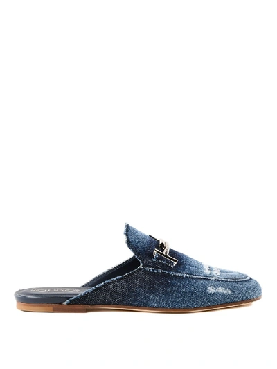 Tod's Double T Blue Denim Used Effect Mules In Black