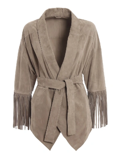 Brunello Cucinelli Soft Suede Jacket With Embellished Fringes In Grey