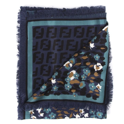 Fendi Blue Silk And Wool Shawl With Floral Print In Black