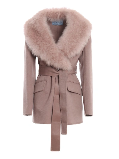 Prada Fur Trimmed Collar Wool And Angora Coat In Pink