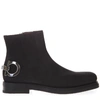 FERRAGAMO BLACK SUEDE BOOTS WITH ICONIC METAL GANCIO,8ac1f179-e80a-ae44-cd37-f9d0083c1af6