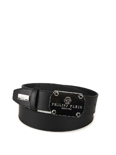 Philipp Plein Original Logo Plaque Black Leather Belt