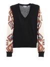 BURBERRY PRINTED SILK SLEEVE RIPA BLACK SWEATER,7843d6c2-4d20-5bcc-c744-056f466196dc