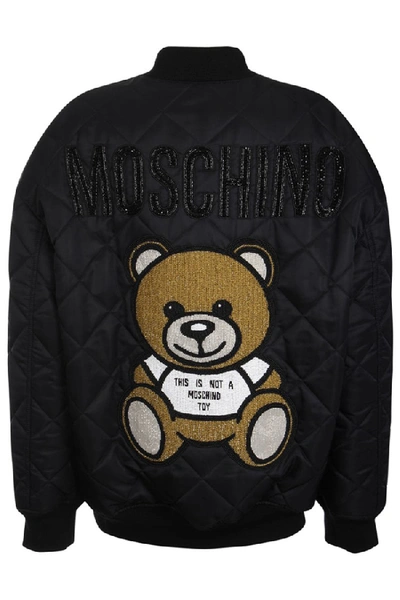 Moschino Teddy Patch Quilted Bomber Jacket In Black