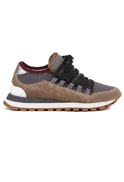 Brunello Cucinelli Suede Leather Sneaker With Pearl Decoration Taupe/multi In Brown