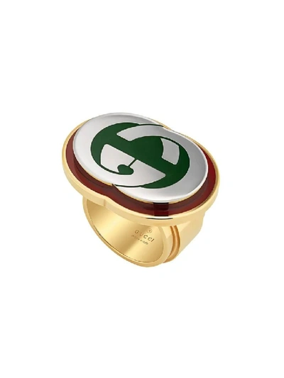 Gucci Gold Women's Interlocking G Ring With Enamel In Green/red Enamel