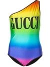 Gucci Multicolor Women's Logo Print One-shoulder Swimsuit In Blue