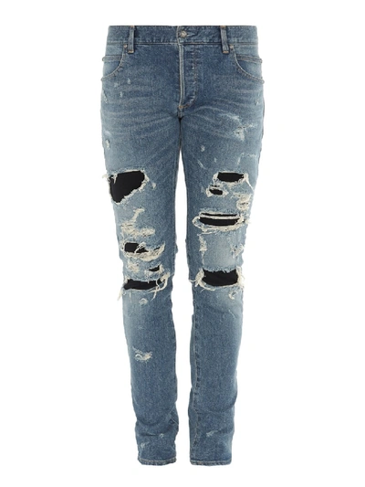 Balmain Cotton Denim Jeans With Rips In Grey