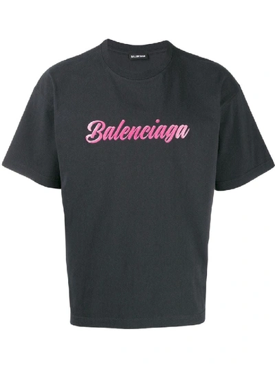 Balenciaga Blue Unisex Washed Black And Pink Logo T-shirt