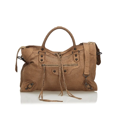 Balenciaga Leather Motocross Classic City Satchel In Brown