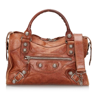 Pre-owned Balenciaga Leather Motocross Giant City Satchel In Brown