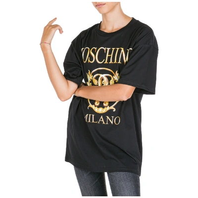 Moschino Women's T-shirt Short Sleeve Crew Neck Round Roman Double Question Mark In Black
