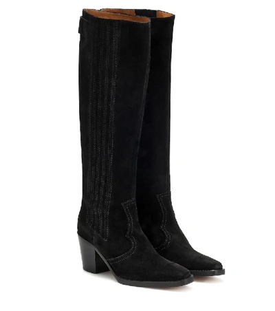 Ganni Pleated Suede Knee Western Boots In Black