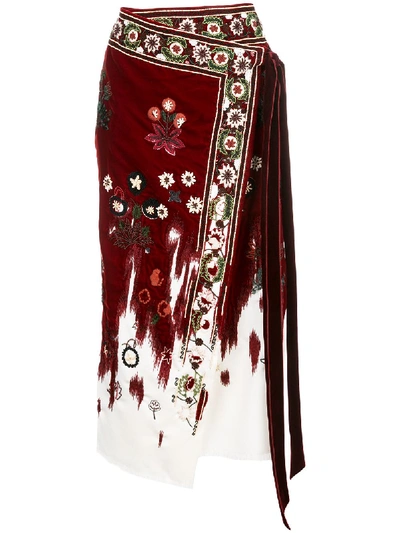 Oscar De La Renta Embroidered Velvet-trimmed Wool Wrap Skirt In Burgundy