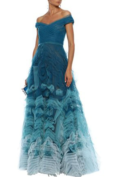 Marchesa Notte Woman Off-the-shoulder Ruffled Dégradé Tulle Gown Teal