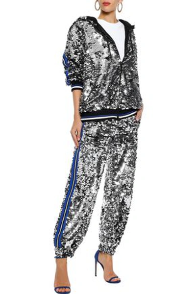 Msgm Intarsia-trimmed Sequined Cotton Hoodie In Silver