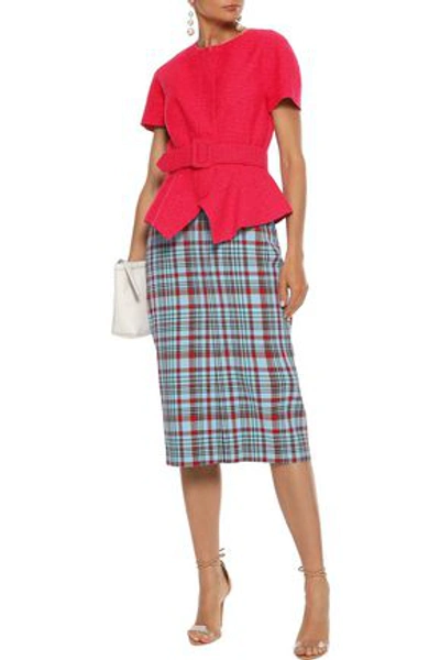 Oscar De La Renta Woman Belted Wool-blend Bouclé-tweed Peplum Top Crimson