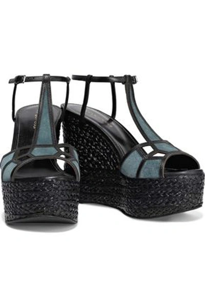 Sergio Rossi Easy Puzzle Cutout Leather And Suede Wedge Sandals In Midnight Blue