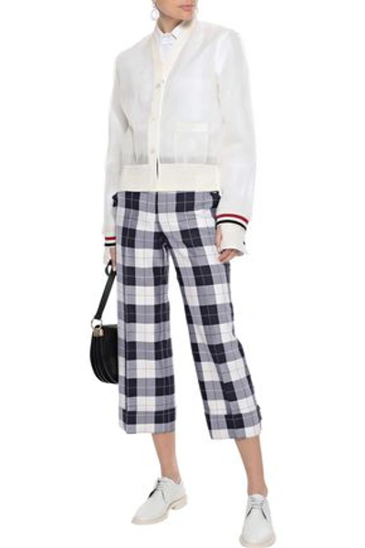 Thom Browne Cropped Checked Wool-blend Crepe Wide-leg Pants In Navy