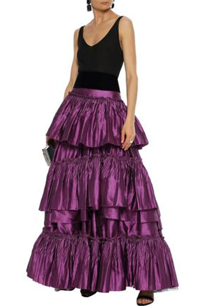 Alberta Ferretti Woman Tiered Ruffled Linen-blend Satin-twill Maxi Skirt Purple