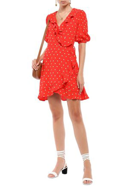 Perseverance Ruffled Embroidered Crepe Mini Wrap Dress In Tomato Red