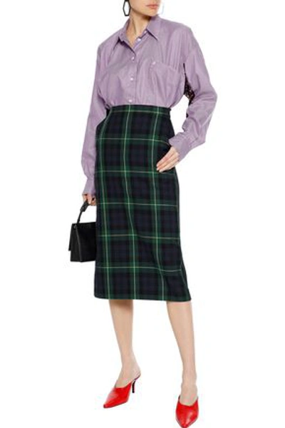 Pushbutton Checked Cotton-blend Twill And Crepe Pencil Skirt In Multicolor