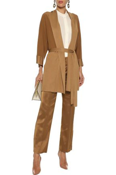 Agnona Belted Silk Crepe De Chine And Knitted Cardigan In Camel