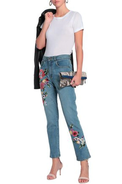 Alice And Olivia Alice + Olivia Woman Embroidered High-rise Straight-leg Jeans Mid Denim
