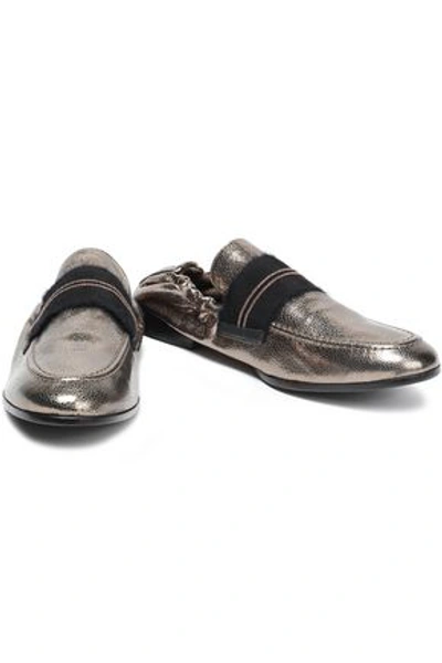 Brunello Cucinelli Woman Bead-embellished Metallic Textured-leather Loafers Brass In Black