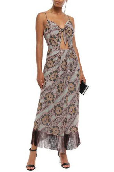 Anna Sui Woman Fringed Cutout Floral-print Silk-georgette Maxi Dress Grey Green