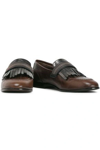 Brunello Cucinelli Fringed Bead-embellished Metallic Smooth And Textured-leather Loafers In Brown