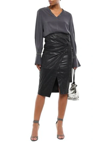 Brunello Cucinelli Woman Wrap-effect Glossed-suede Pencil Skirt Dark Gray